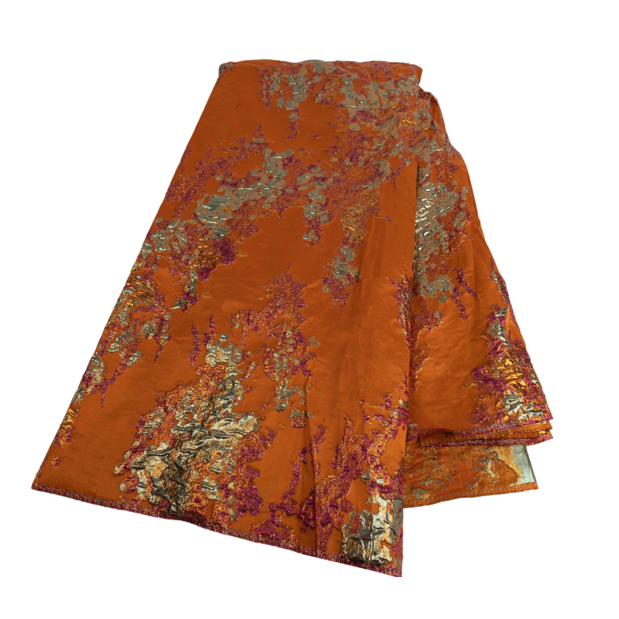 Gold, Orange, Metallic Green & Burgundy Brocade Silk Fabric