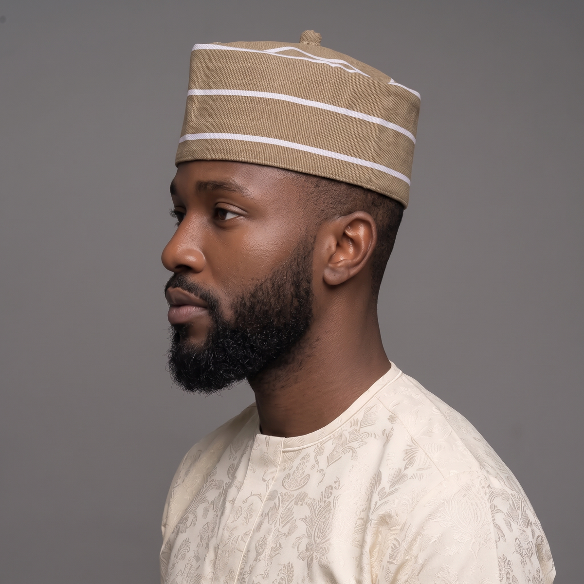 Tan and White (Aso-Oke) Striped Woven Cap with Traditional Top Knot