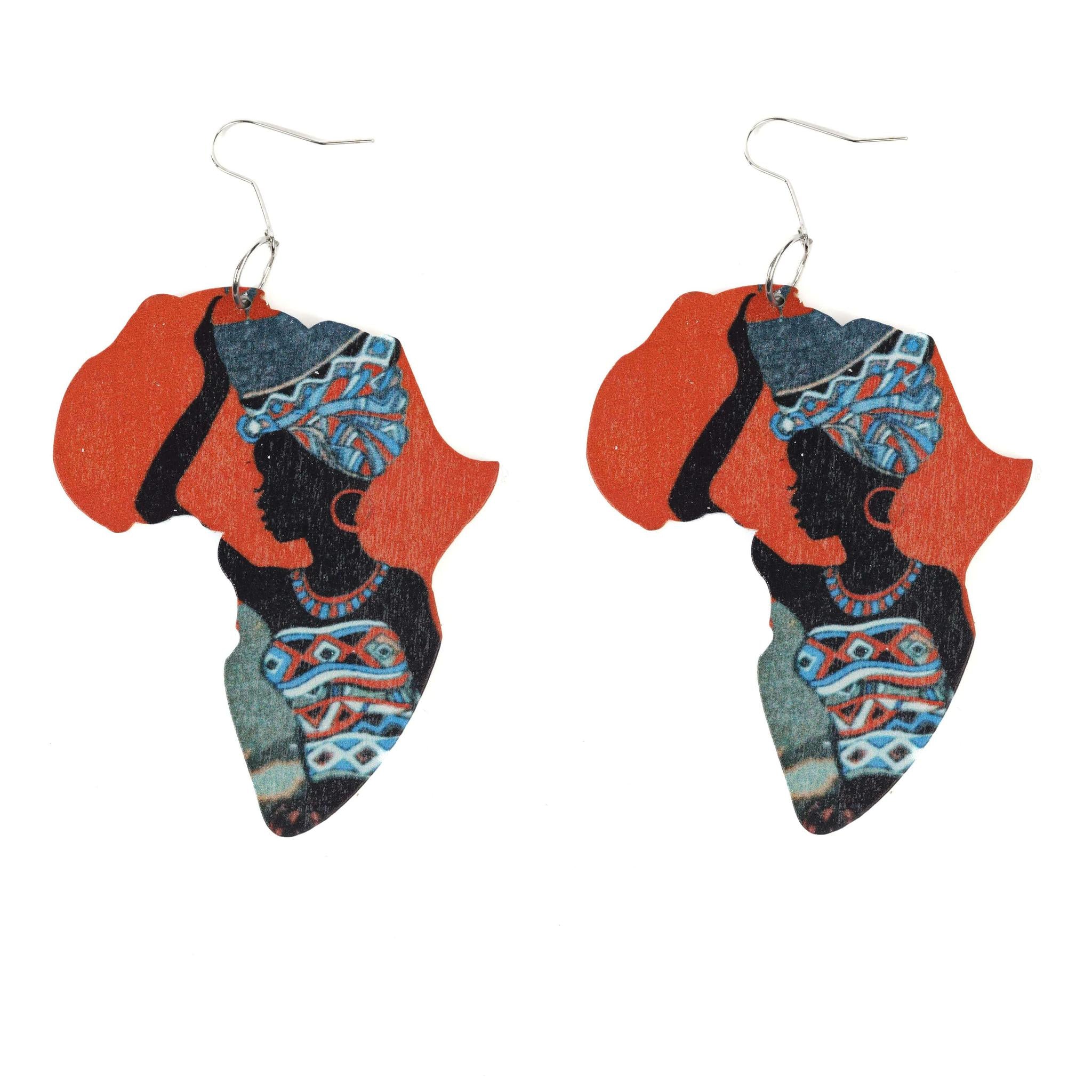 Orange & Blue African Map Wooden Earrings