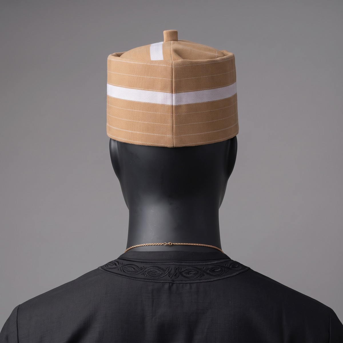 Handcrafted Tan and White (Aso-Oke) Striped Woven Cap with Traditional Top Knot