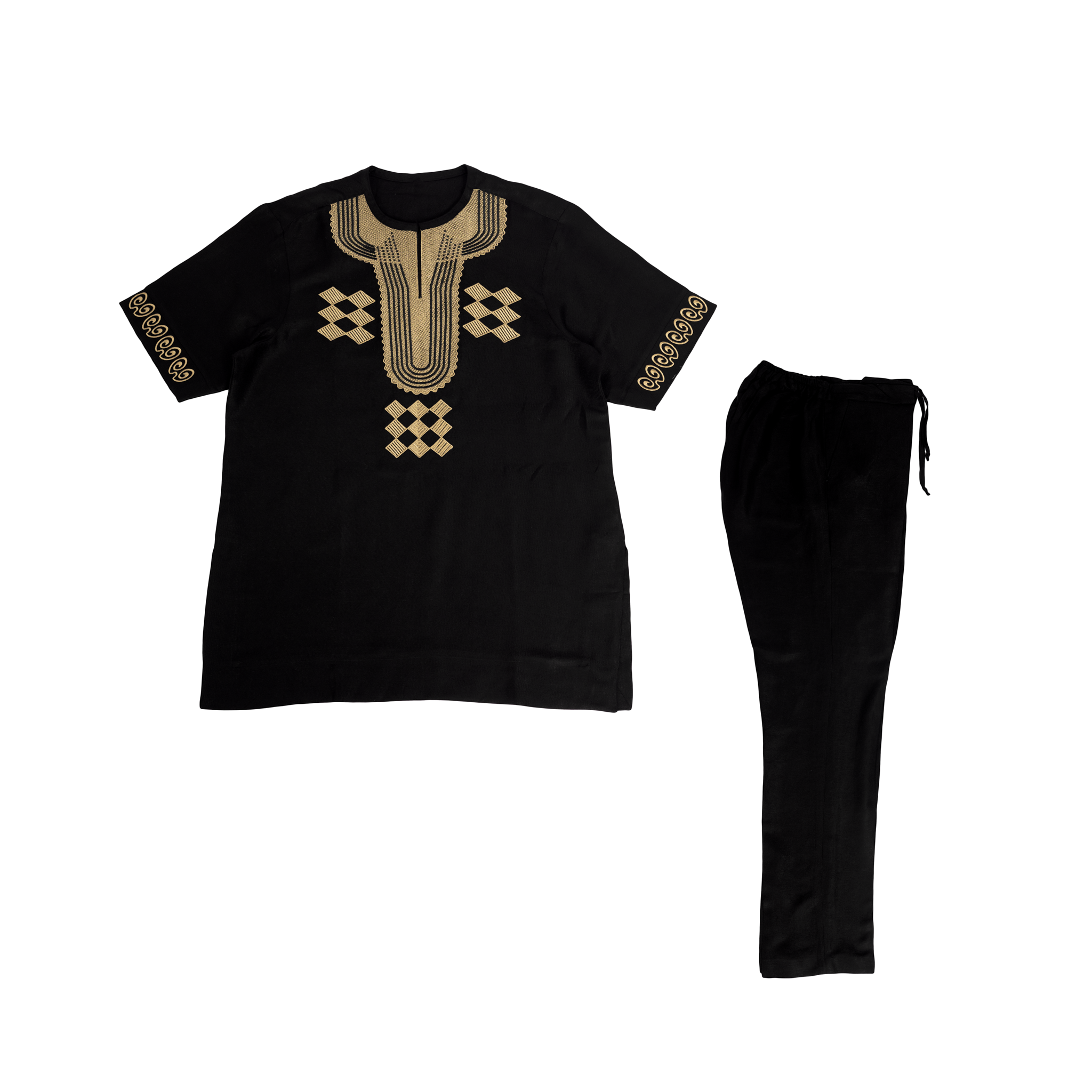 Black and Gold Embroidered Men's Linen Dashiki Senator Set