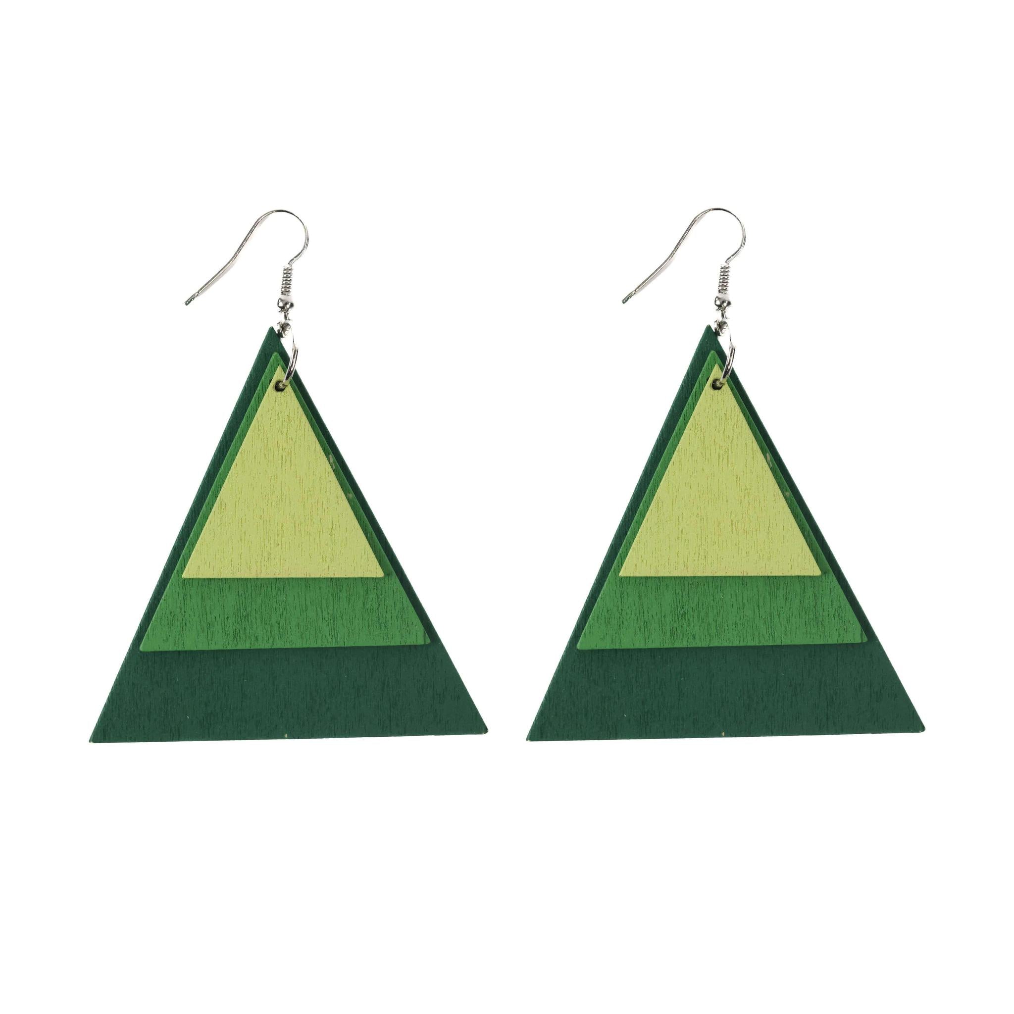 Green Tripple Layered Triangle Wooden Earrings