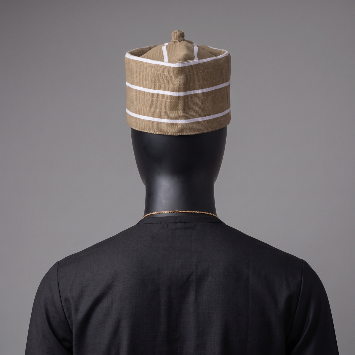 Tan and White (Aso-Oke) Striped Woven Cap with Traditional Top Knot