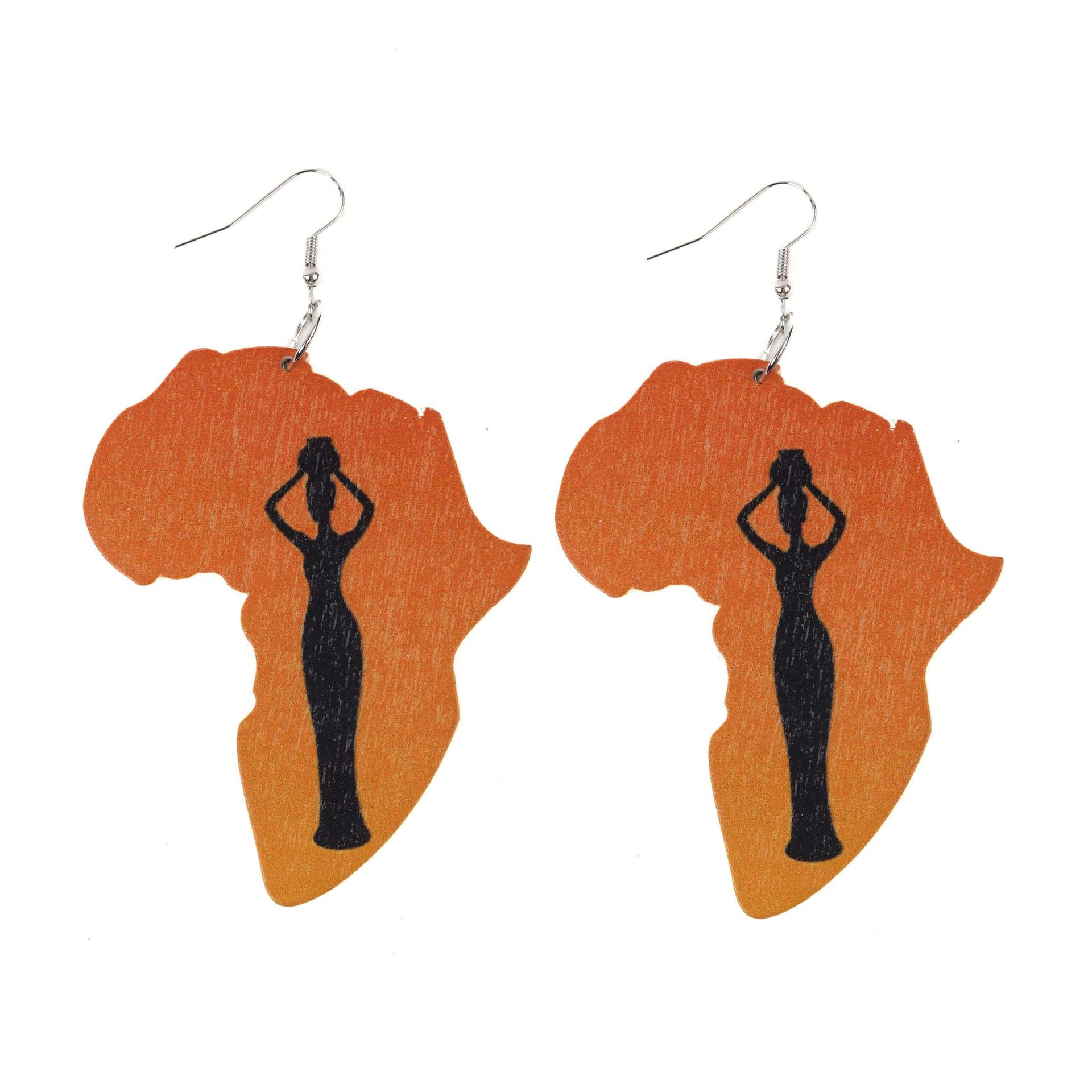 African Map Orange Wooden Earrings