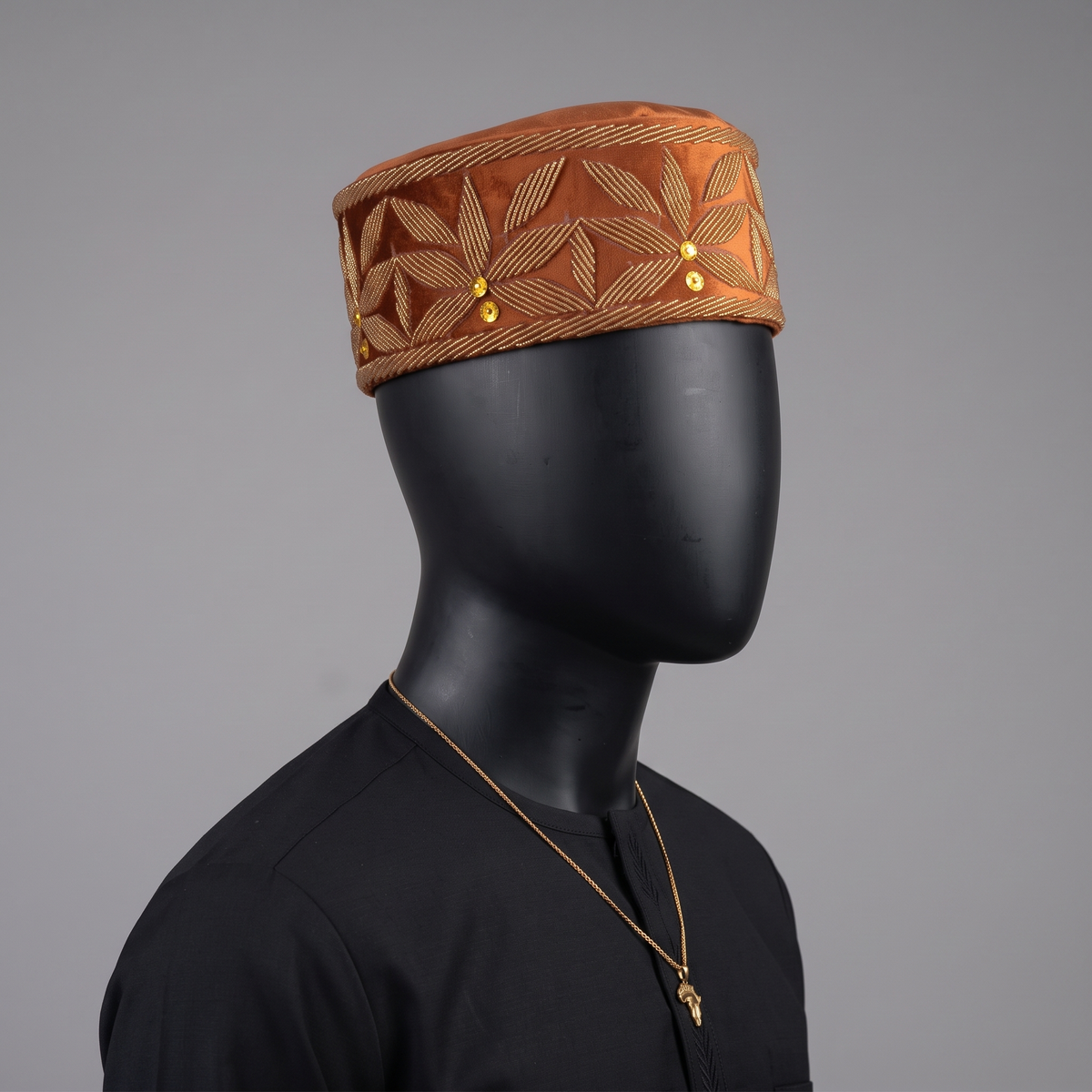 Handcrafted Copper Rust Velvet Beaded Cap with Gold Floral Motif