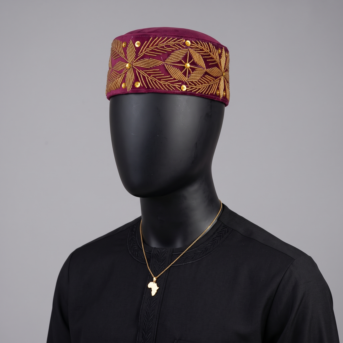 Burgundy Velvet Cap with Gold Floral Beadwork