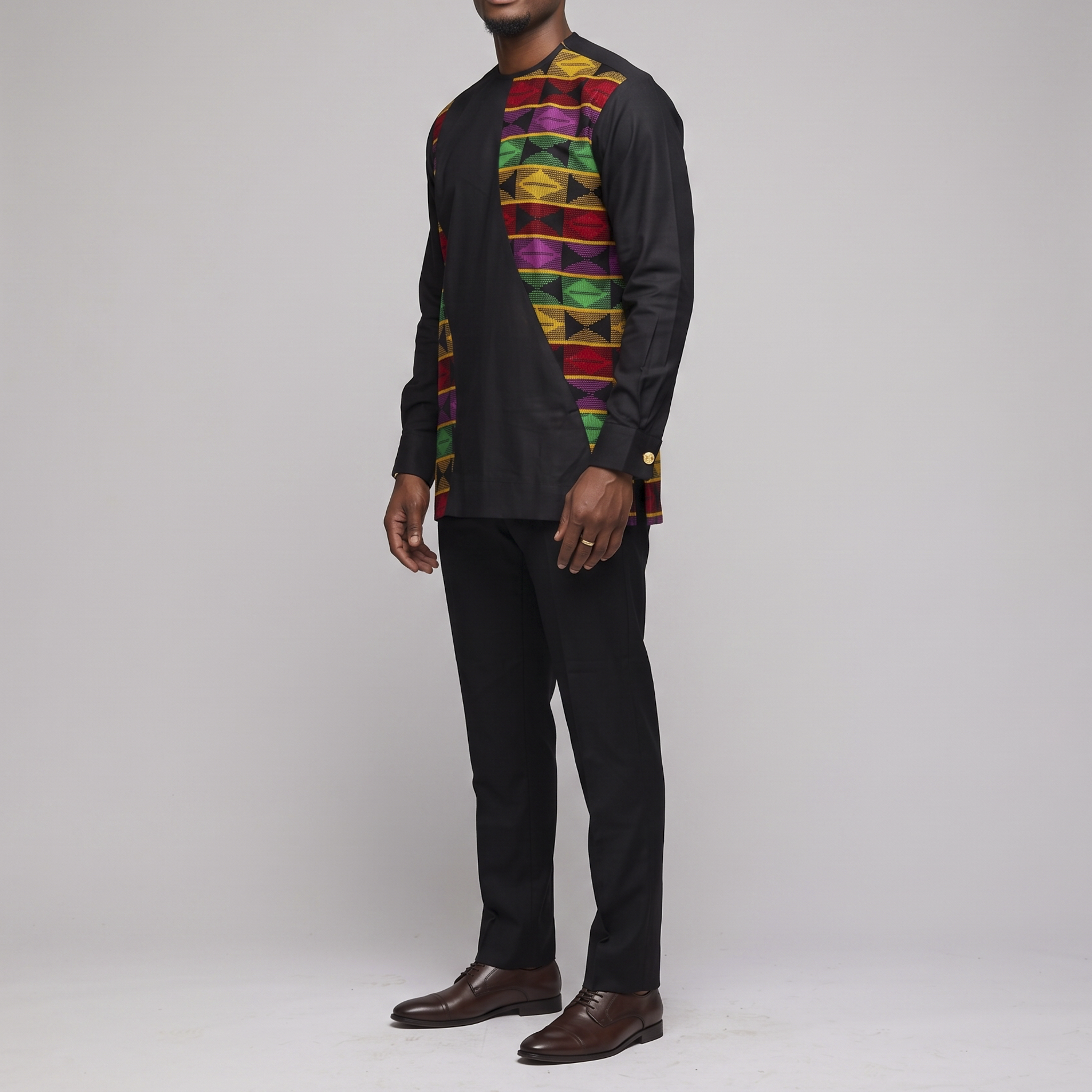 Bold Black & Multicolor Kente Patch Senator Suit