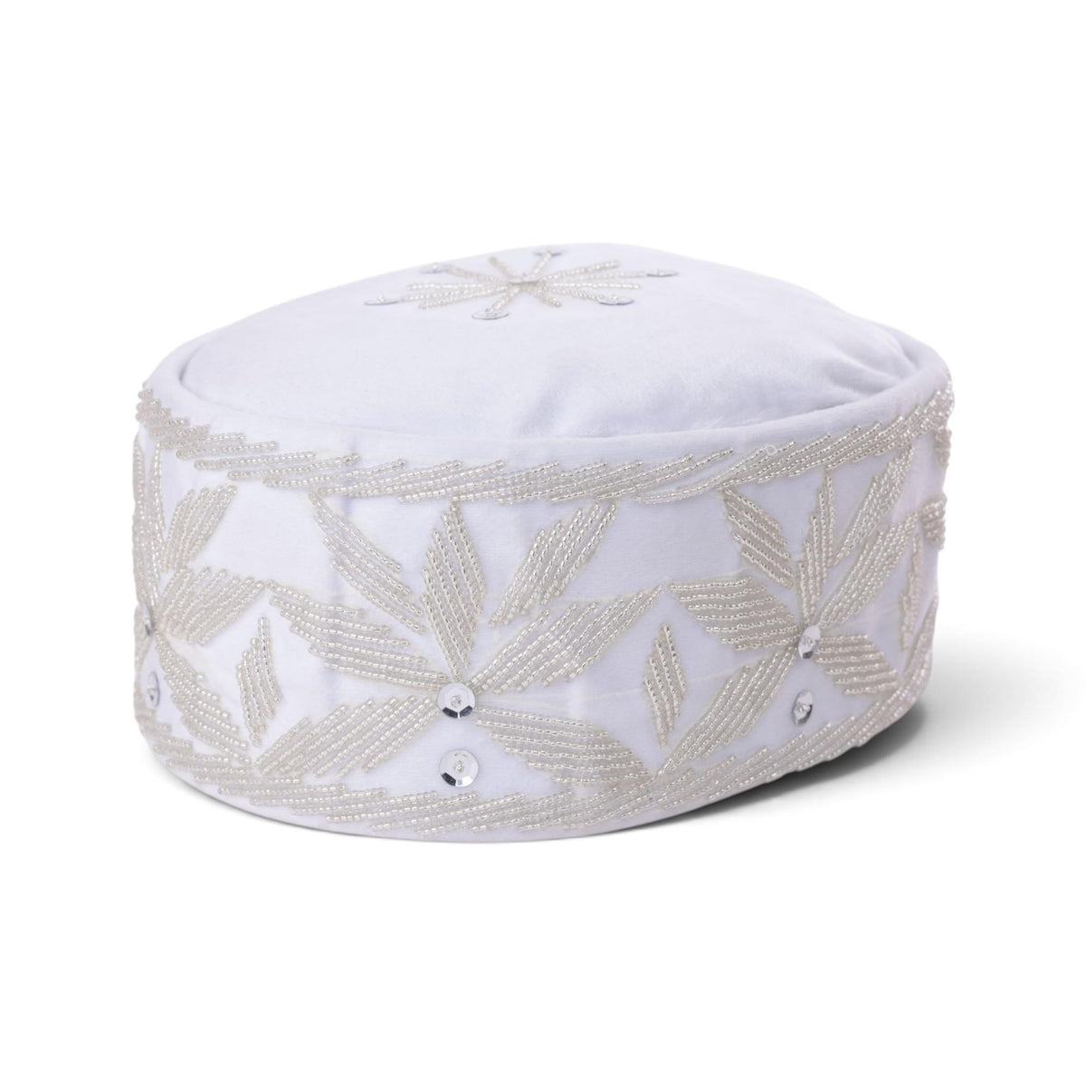 White Velvet Cap with Silver Starburst Beadwork & Sequins