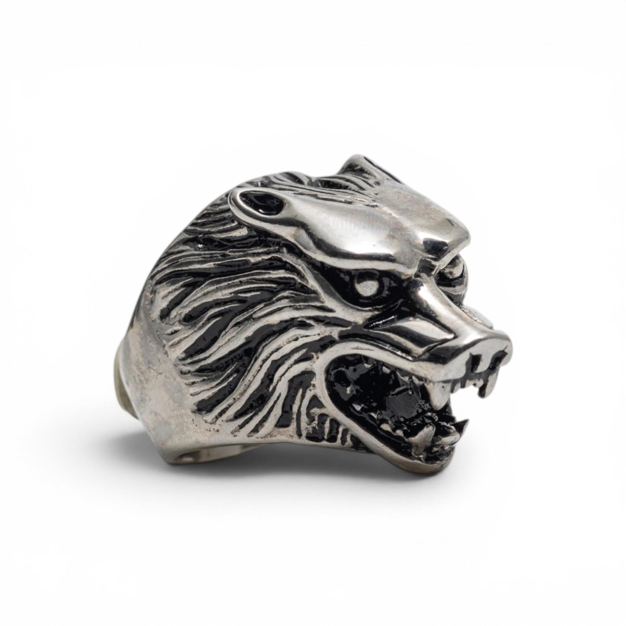 Antiqued Silver-Tone Snarling Wolf Statement Ring