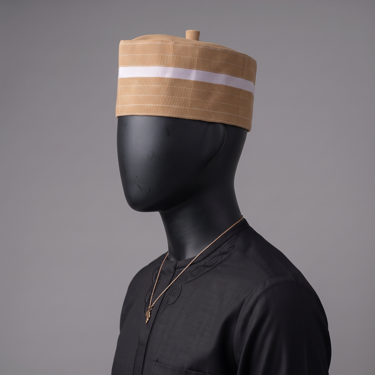 Handcrafted Tan and White (Aso-Oke) Striped Woven Cap with Traditional Top Knot