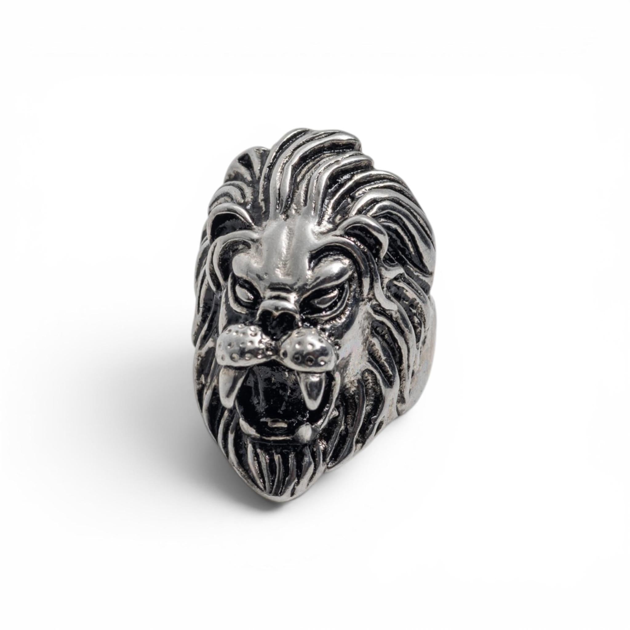 Antiqued Silver-Tone Roaring Lion Statement Ring