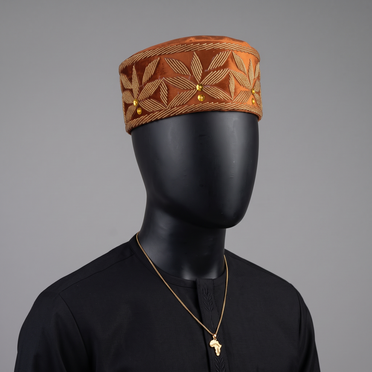 Handcrafted Copper Rust Velvet Beaded Cap with Gold Floral Motif