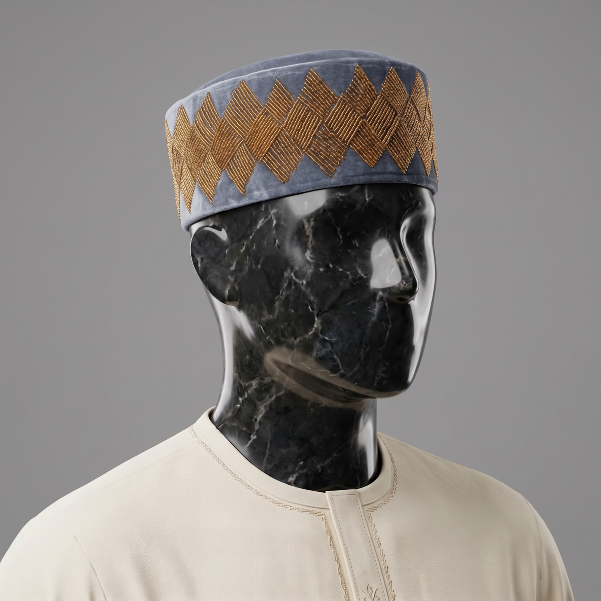 Hand-Beaded Nigerian Grey & Gold Velvet Cap