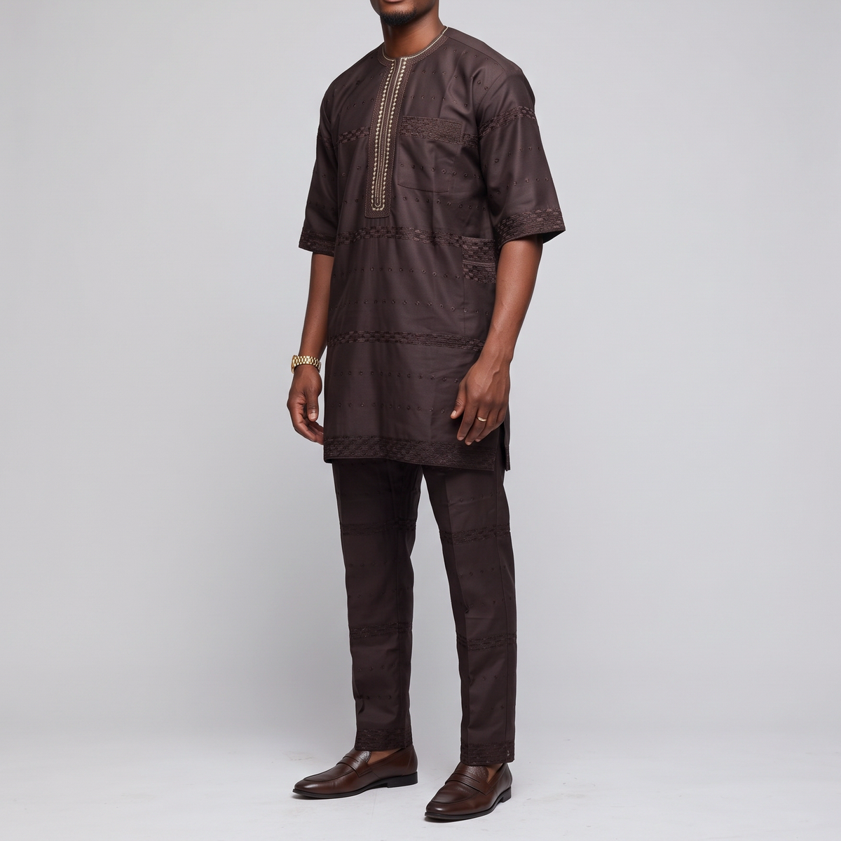 Brown Eyelet Lace Buba & Sokoto Set