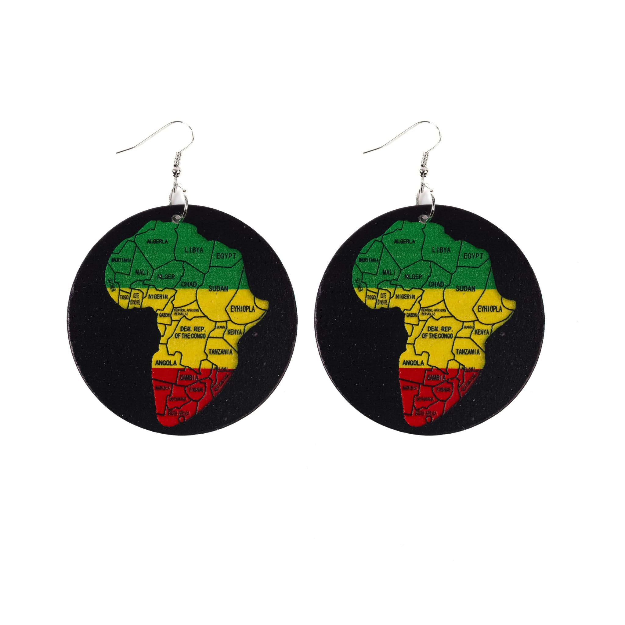 Black Circled Multicolored African Map Wooden Earrings