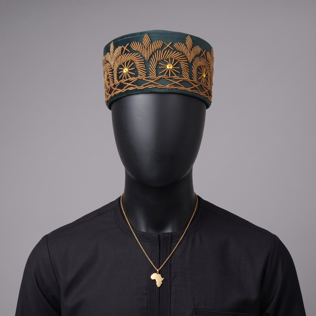 Hand-Beaded Nigerian Green Velvet Cap
