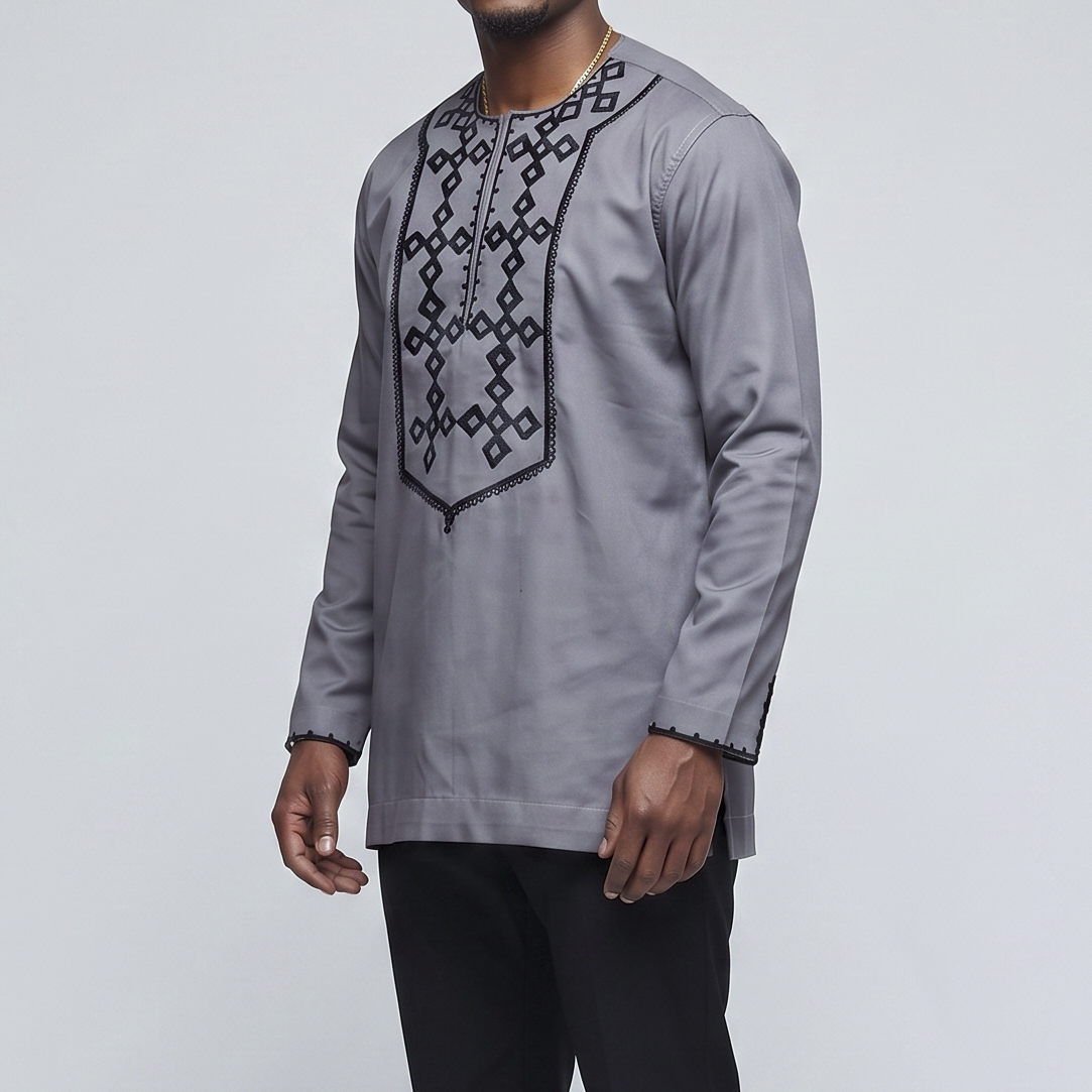 Grey & Black Embroidered Long Sleeve Top
