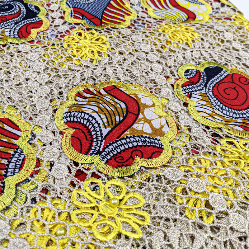 Yellow & Red African Wax with Cord Lace Fabric - 5 yards