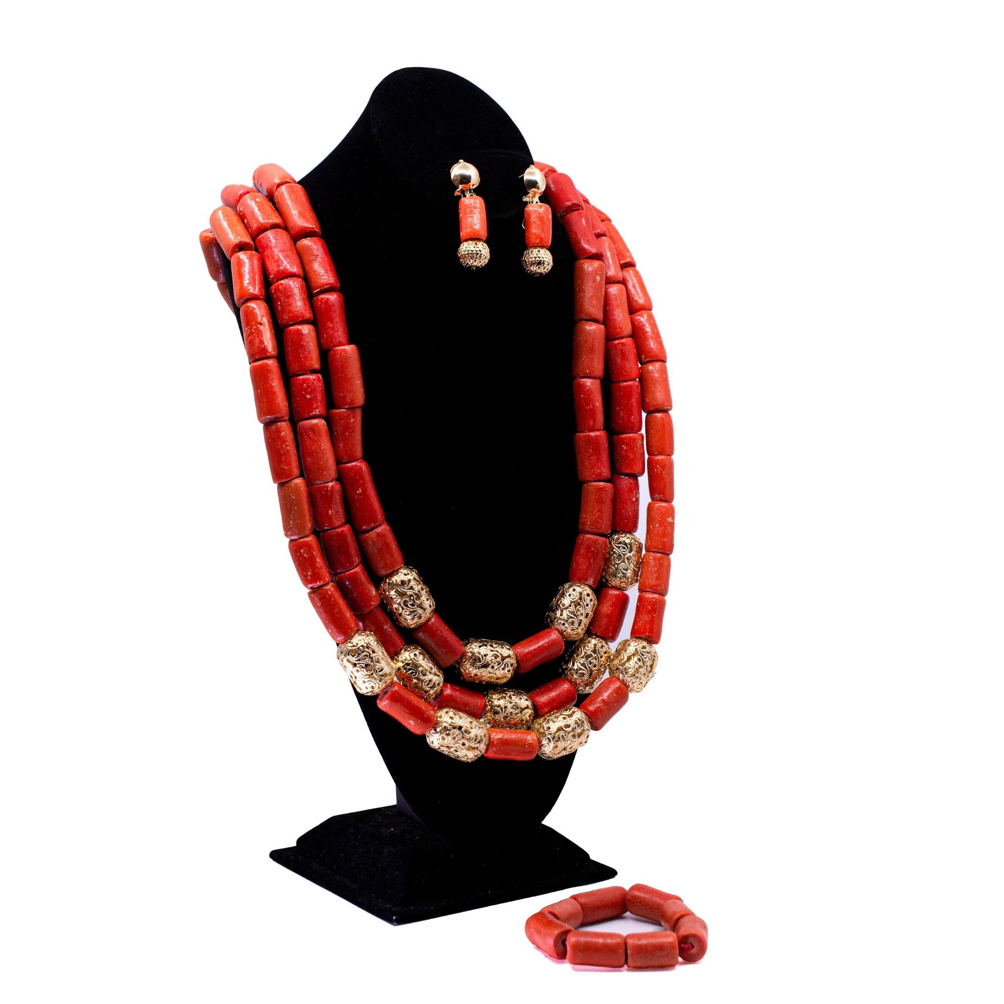 Coral Bead Set With Gold Beads