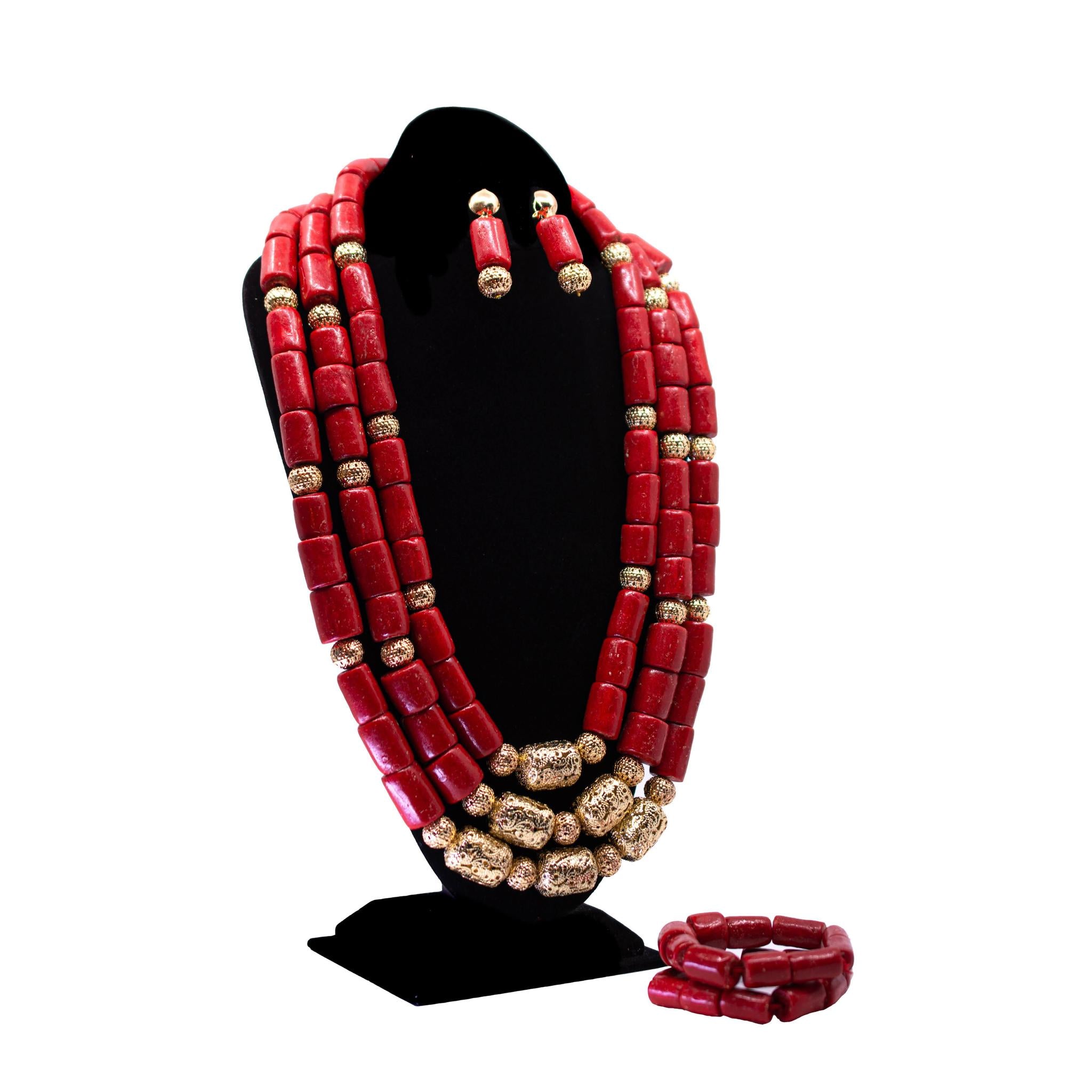 Coral Bead Set With Centered Gold Beads
