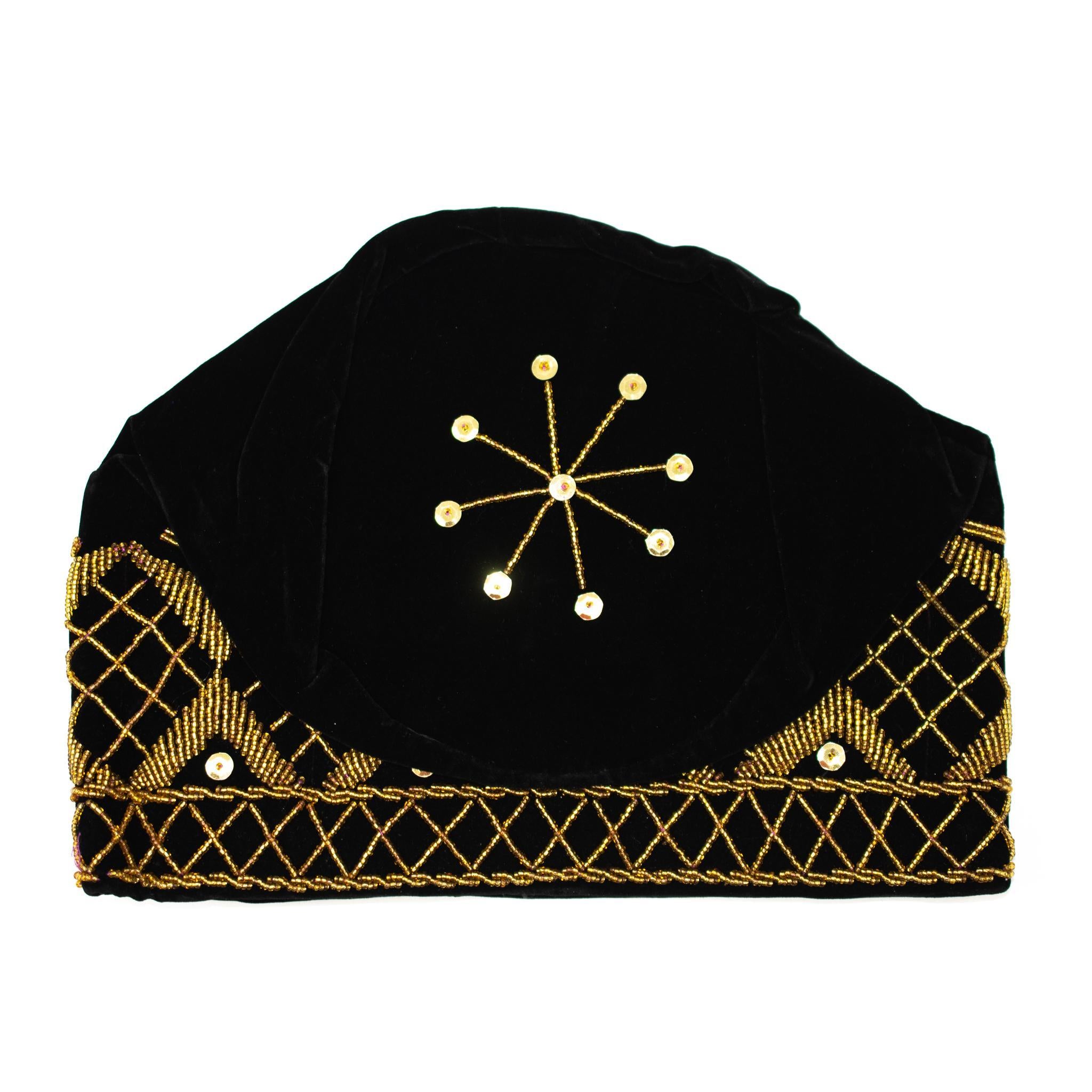 Black & Gold Beaded Velvet Hat