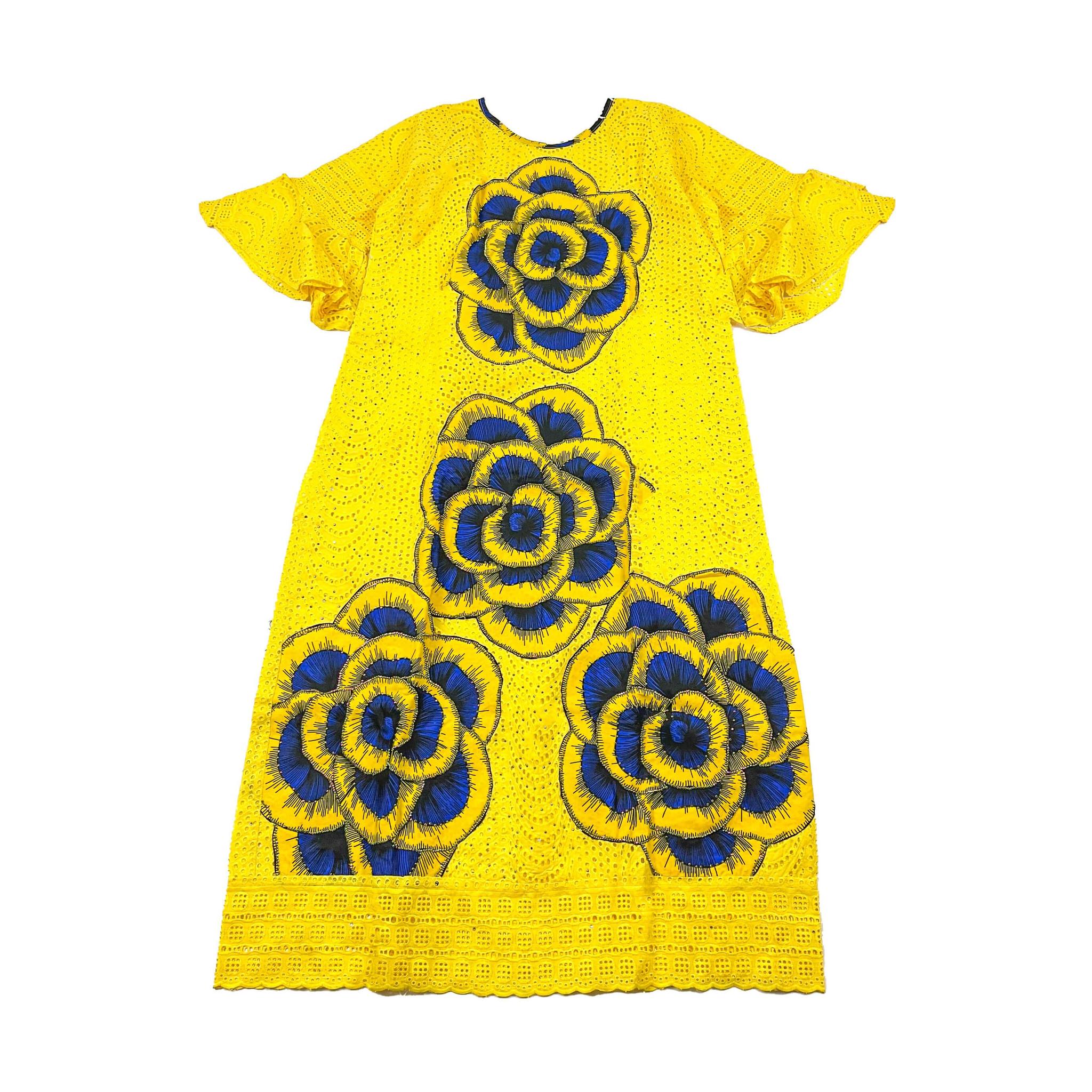 Yellow & Blue Long Lace Ankara Swarovski Stoned Dress