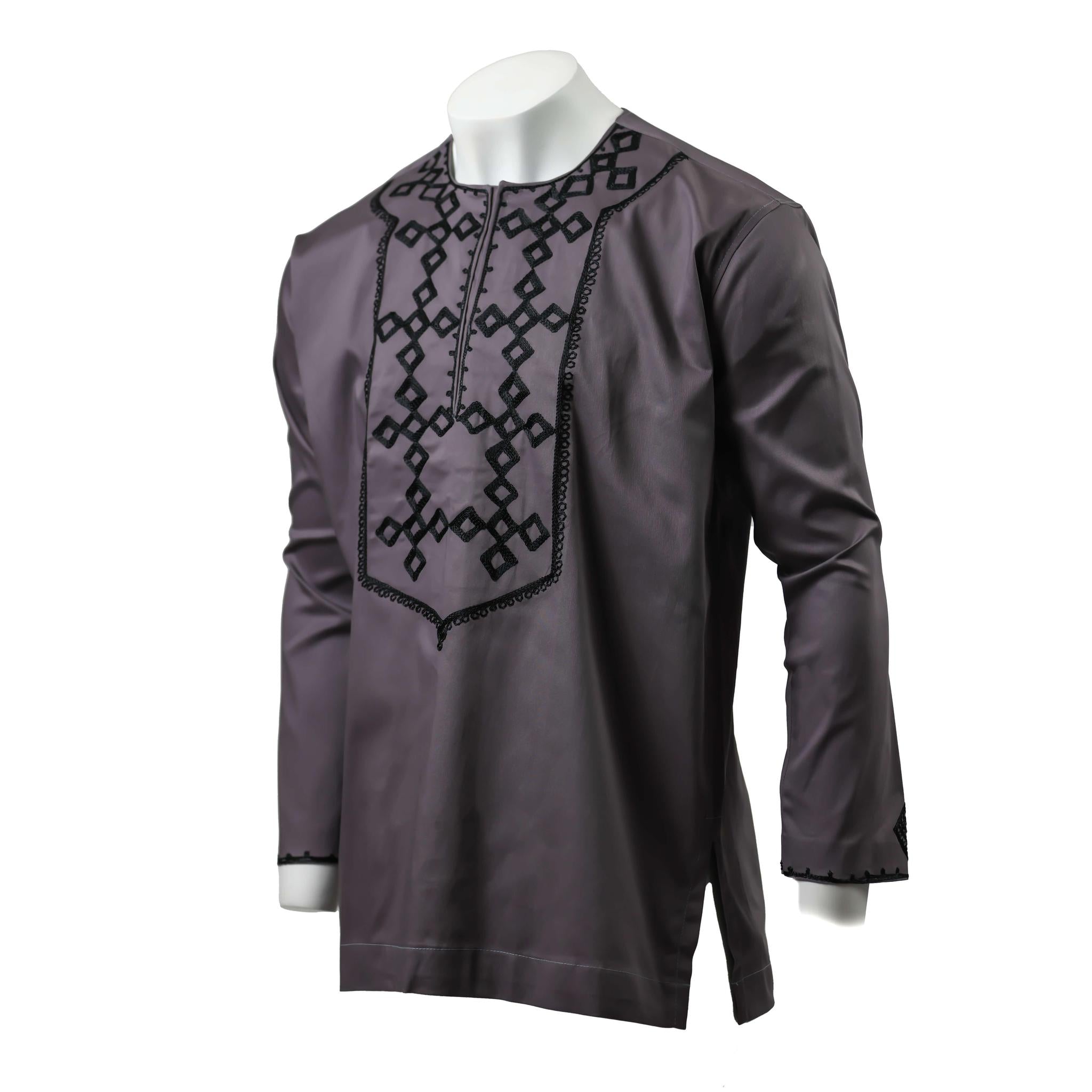 Grey & Black Embroidered Long Sleeve Top