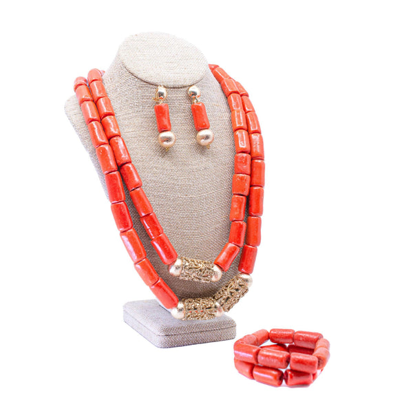 2pc Gold Centered Coral Bead Set