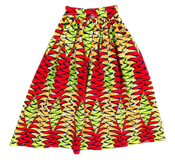 Handmade Red Multi Ankara Print Midi Skirt