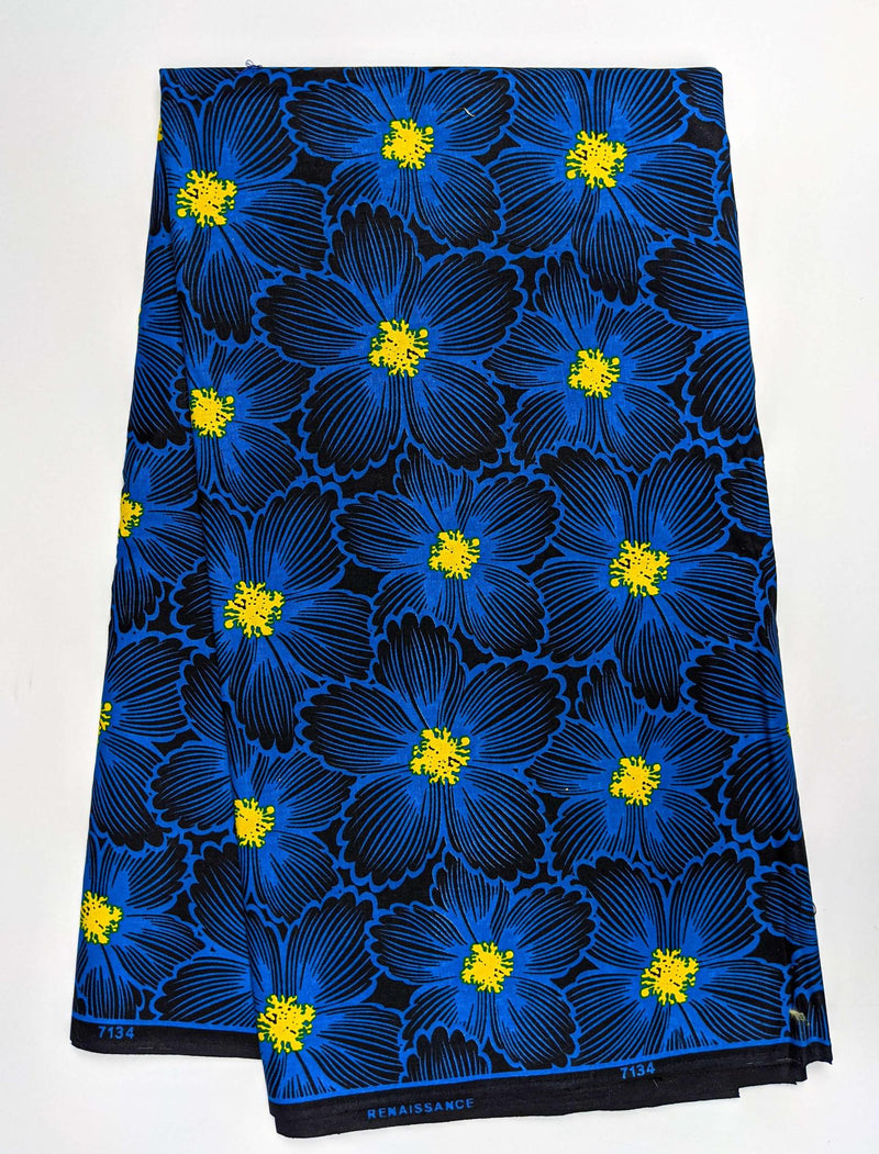 Blue Floral African Wax Print Fabric - 6 Yards