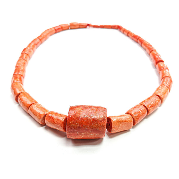 African Necklace Aged Light Coral Beads & Large Coral Pendant