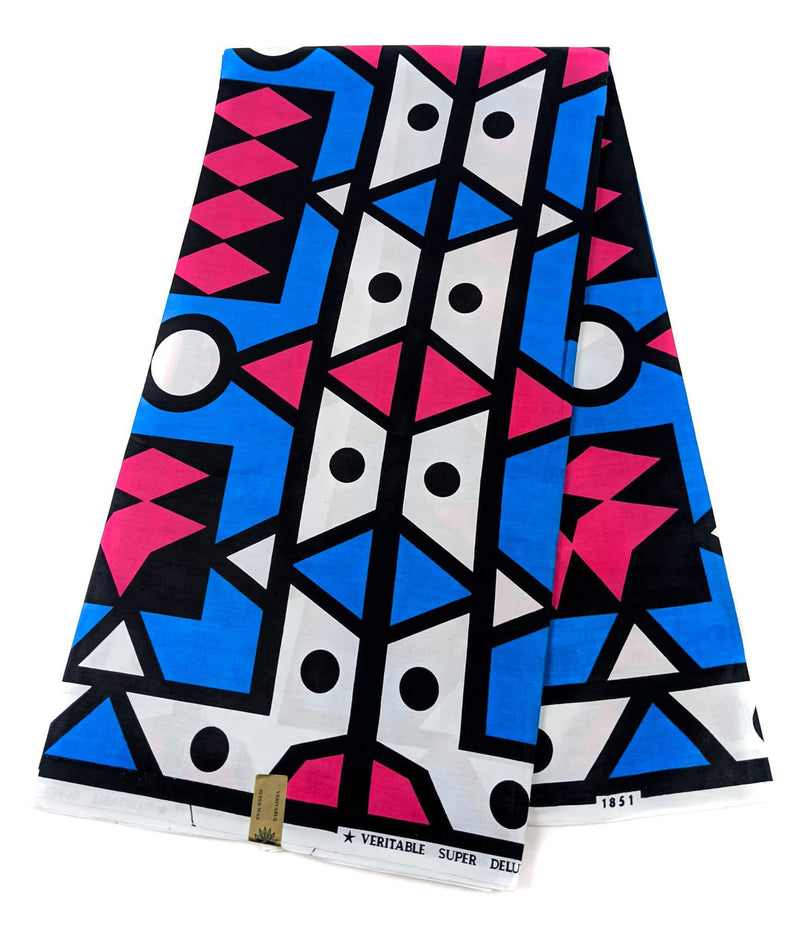 Blue and Pink Geometric African Wax Fabric