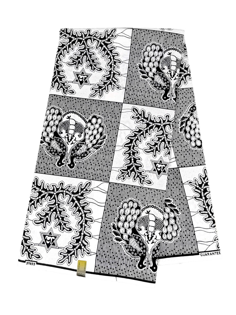 Peacock Design - White and Black African Wax Print