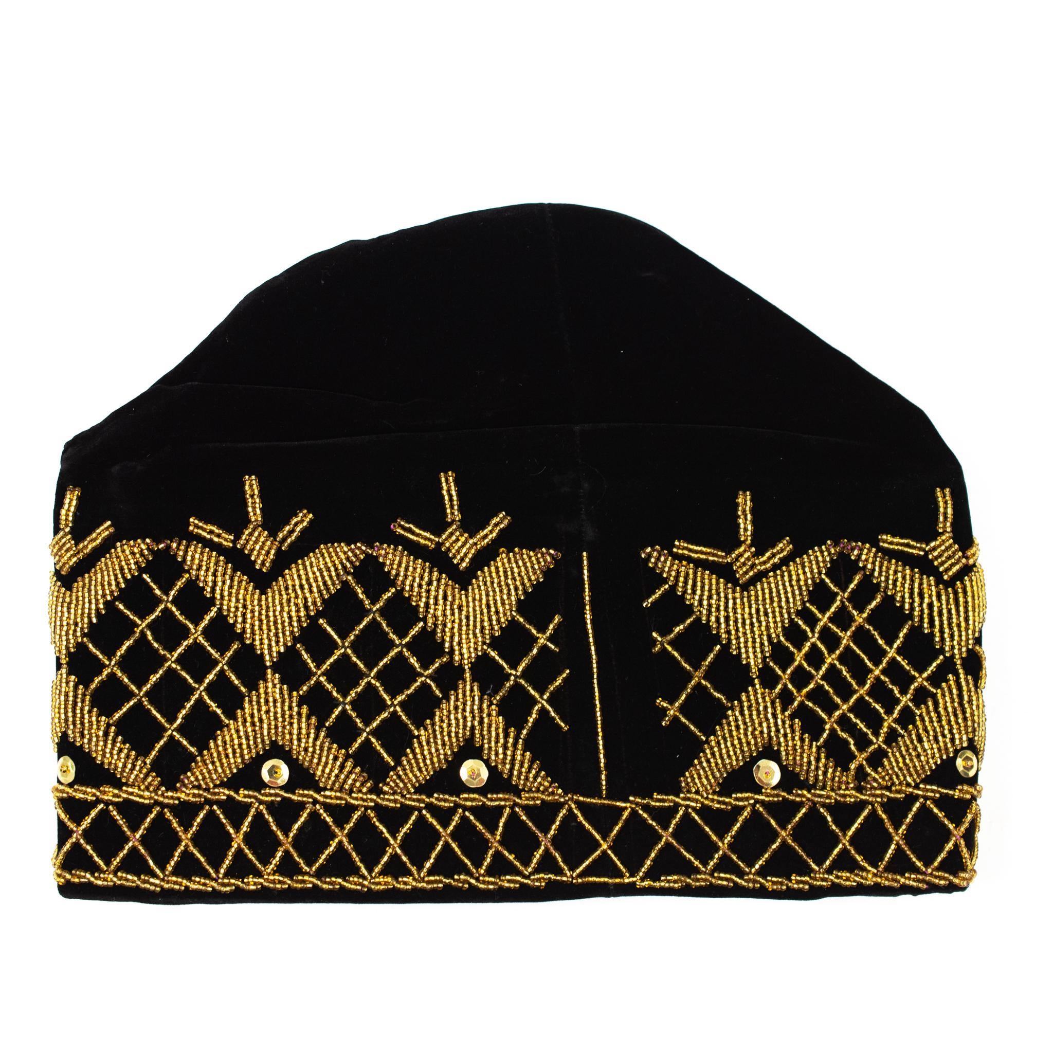 Black & Gold Beaded Velvet Hat