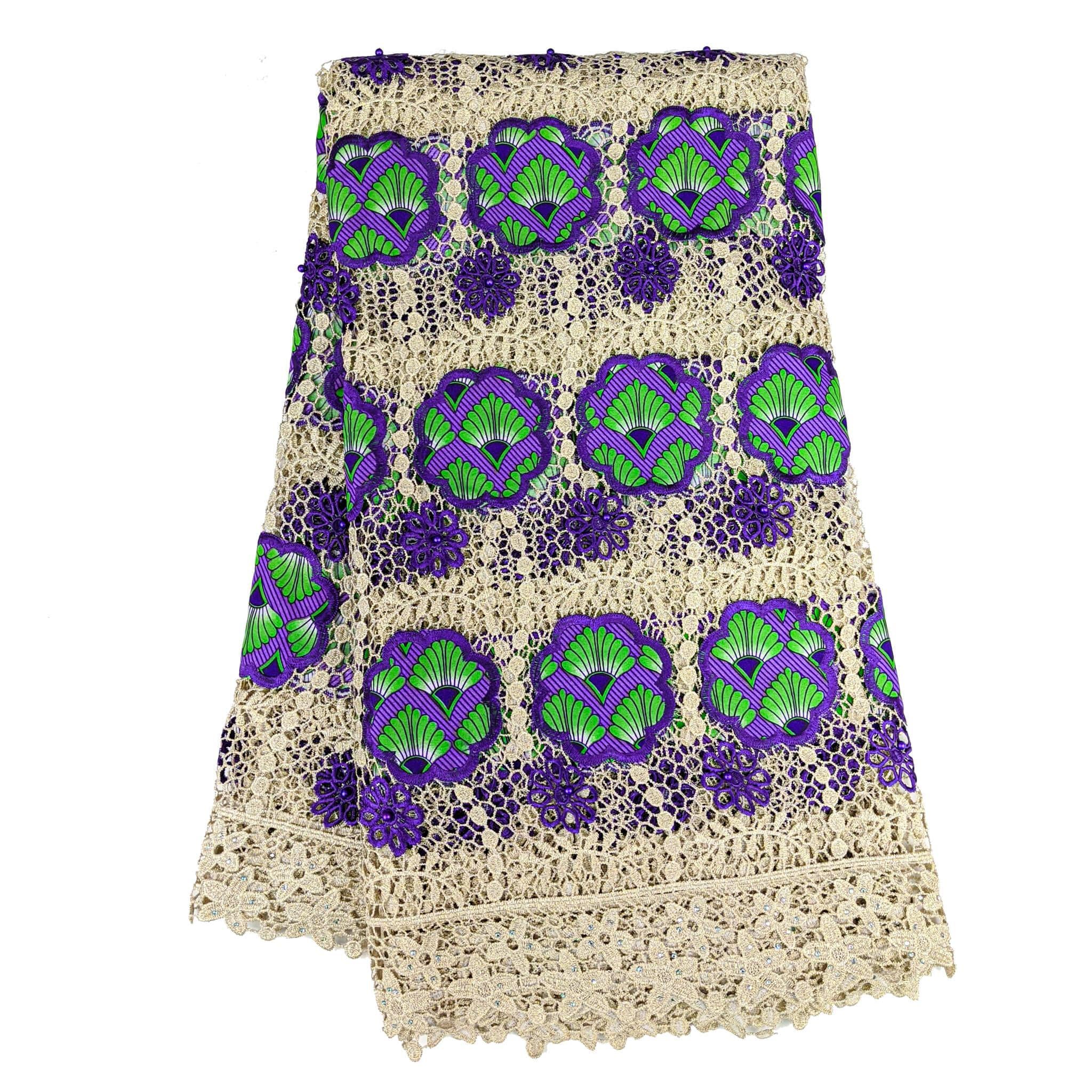 Purple & Green African Wax with Cord Lace Fabric - 5 yards