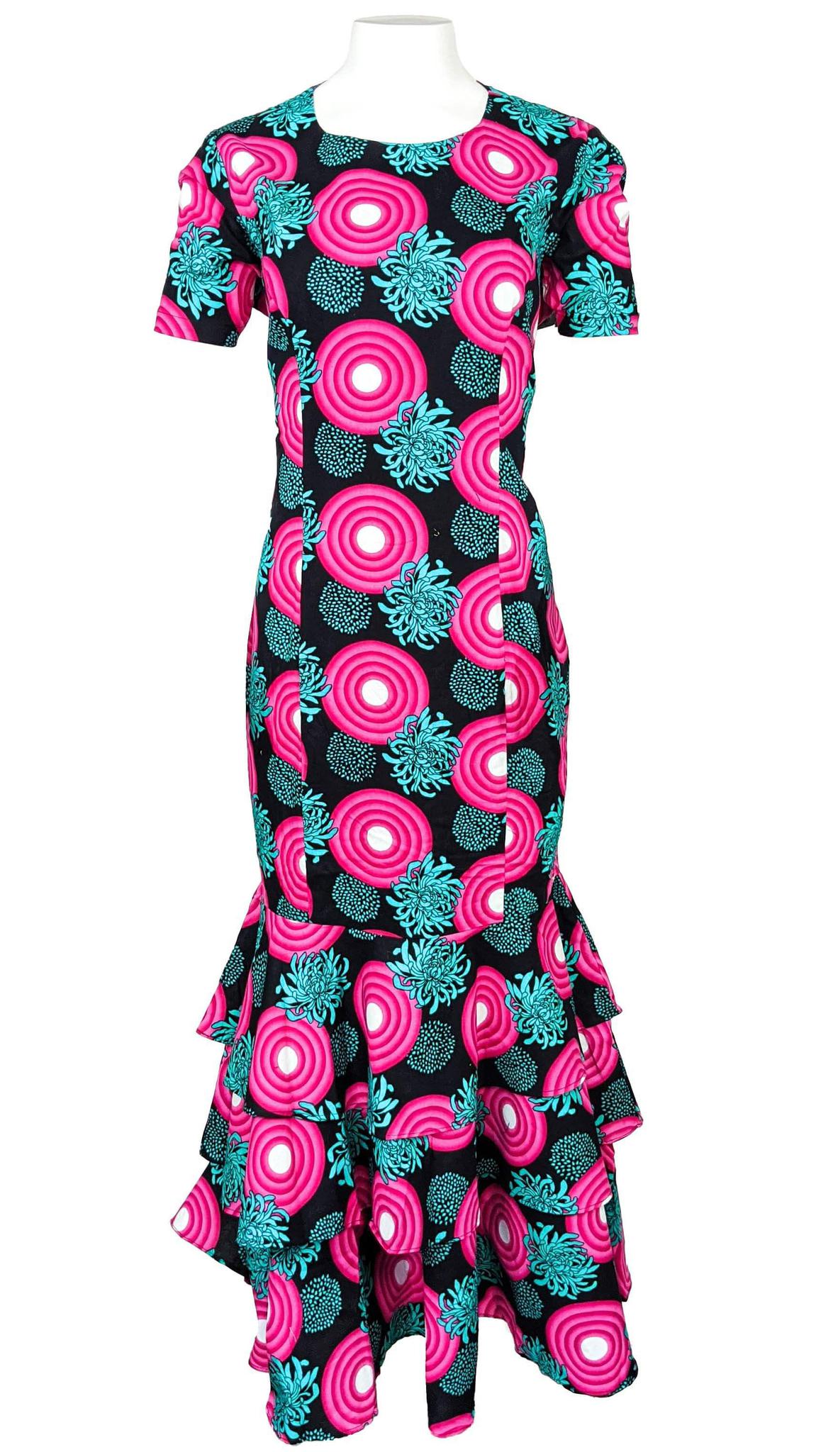 Women's Long Fitted Dress w/Three Step Peplum 18 / Blue & Pink Women's Long Fitted Dress w/Three Step Peplum 18 / Blue & Pink