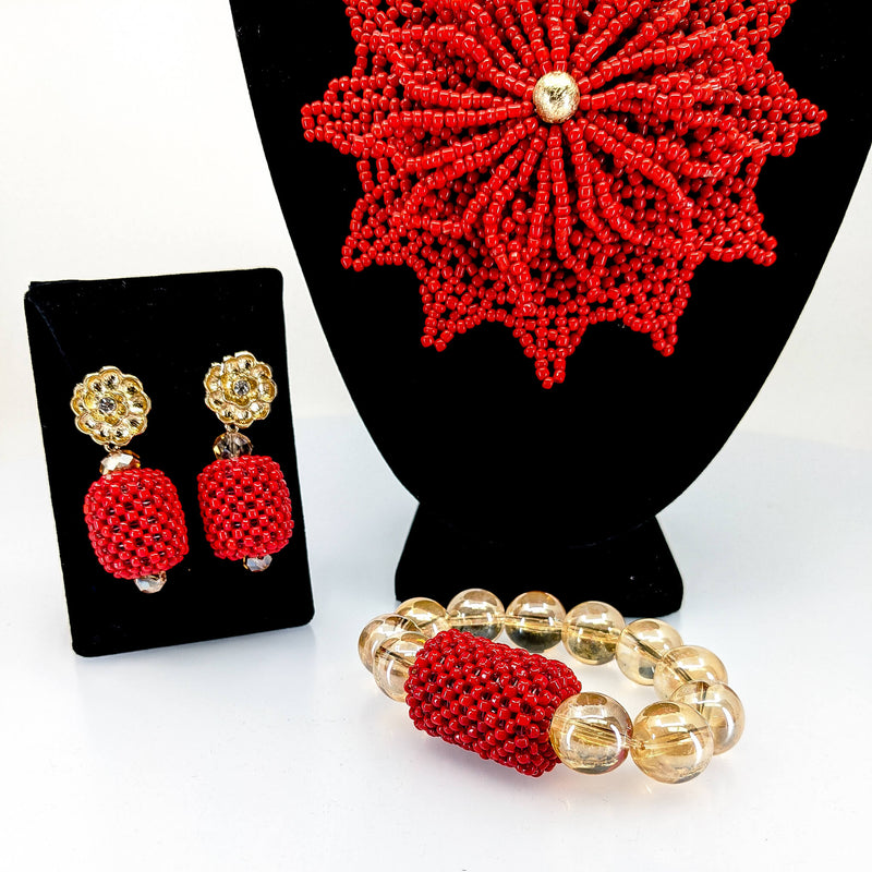 Red And Gold Leaf Beaded Jewelry