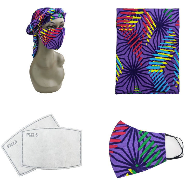 Ankara Face Mask with Head Scarf and PM 2.5 Face Cover Disposal Filters
