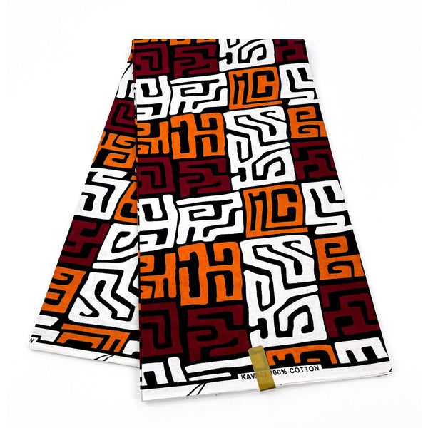 White, Orange & Wine Geometric African Wax Print Fabric - 6 Yards