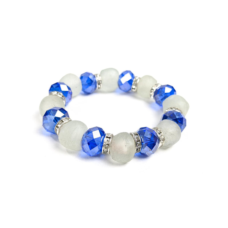 White Krobo Bracelet with Blue Crystals