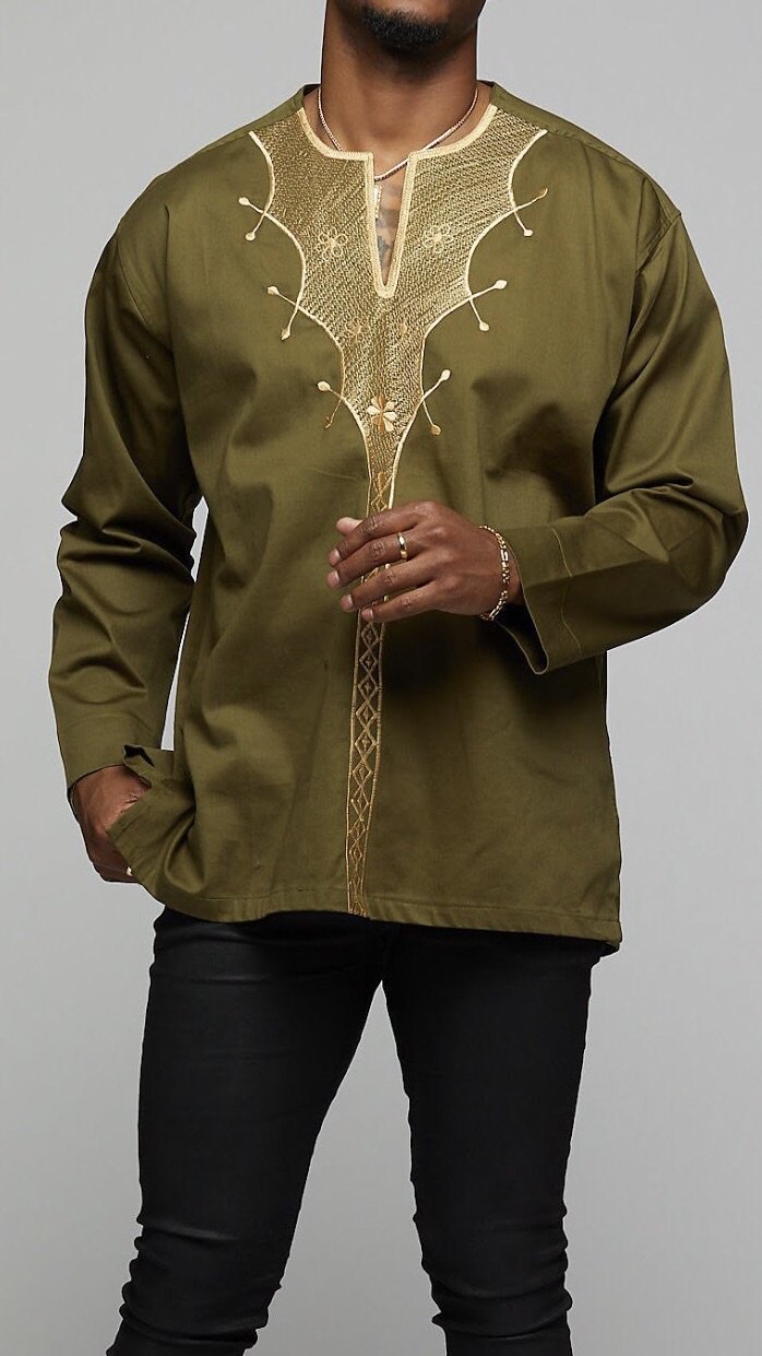 African Long Sleeve w/Gold Embroidery - AFRIKAN ATTIRE - #african_clothing -