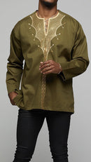 African Long Sleeve w/Gold Embroidery - AFRIKAN ATTIRE -