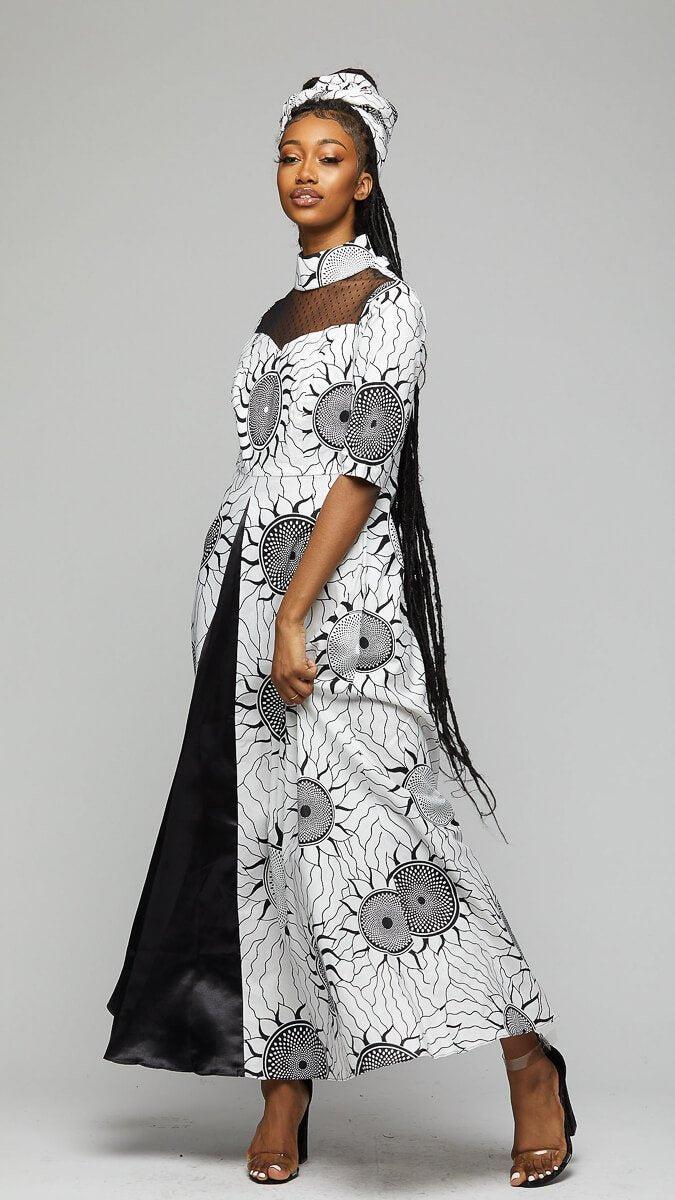 black and white african print dress Deola Patch Oversized Short Dress in Black White Green and Yellow African Ankara Print