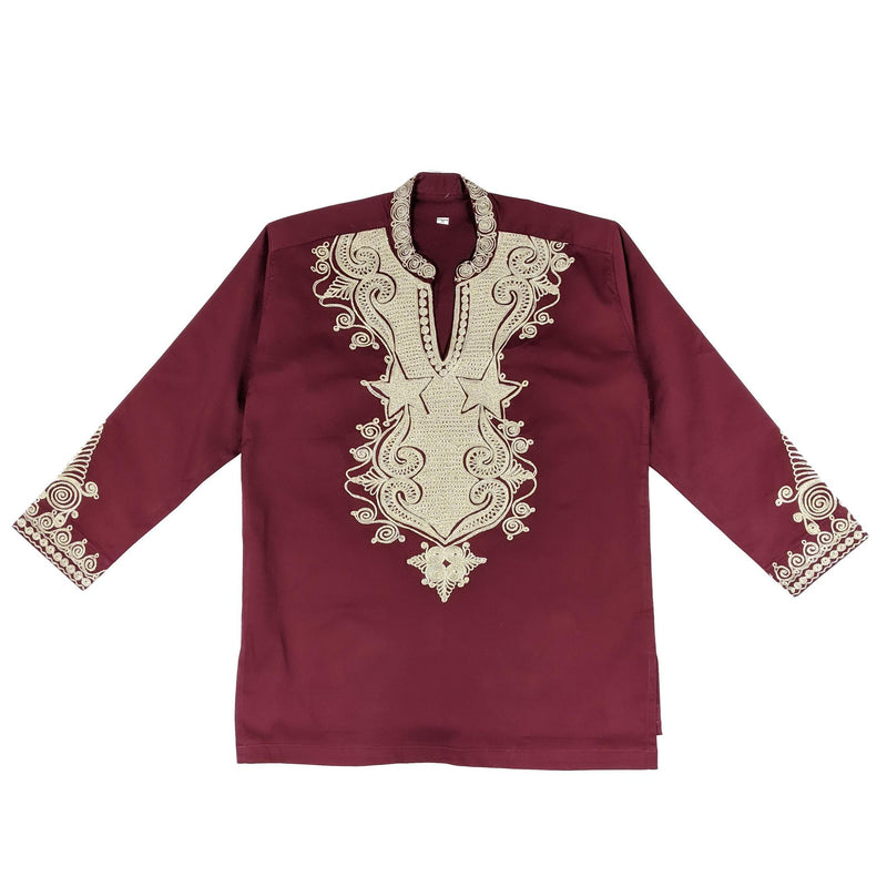 Men's Collard Wine & Gold Embroidery Long Sleeve Top