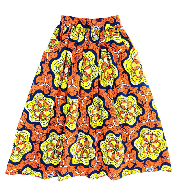 Handmade Orange Multi Floral  Ankara Print Midi Skirt