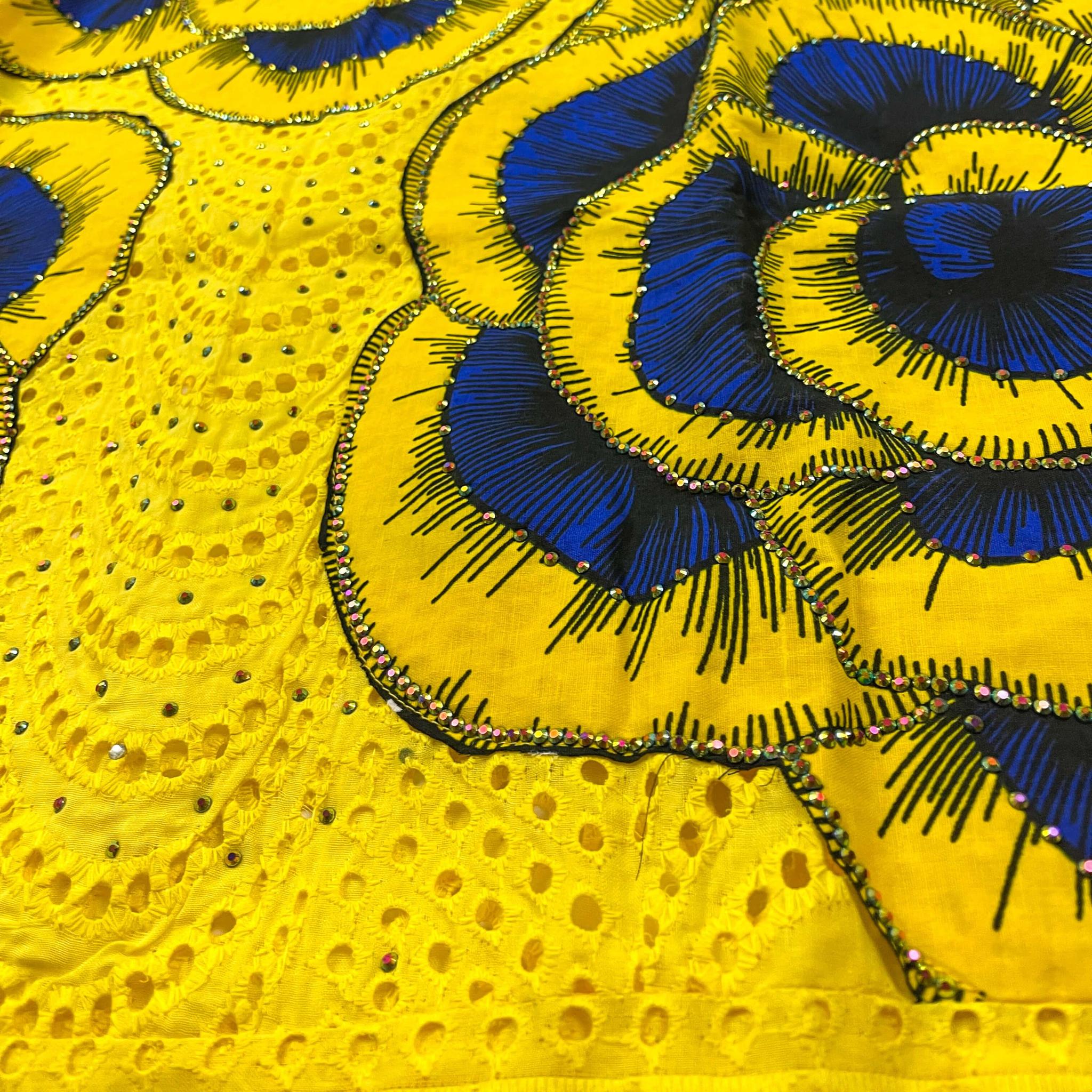 Yellow & Blue Long Lace Ankara Swarovski Stoned Dress