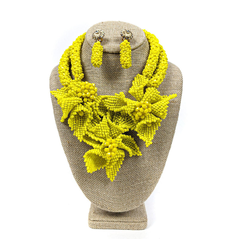 Yellow Petal Flower Beaded Neckpiece Set
