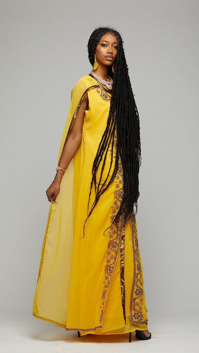 $$Silk Yellow & Gold Long Dress - AFRIKAN ATTIRE - african_clothing - Apparel - african_attireAFRIKAN ATTIRE - african_fashion